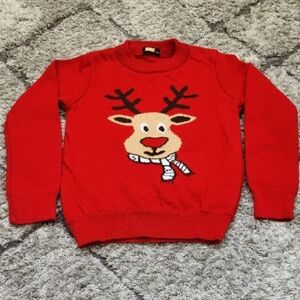 Kids Christmas Sweater Size 5 Featuring A Red Reindeer With Scarf